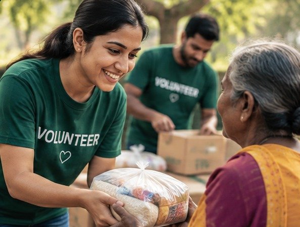 A volunteer handing a pack of essential supplies to an elderly woman